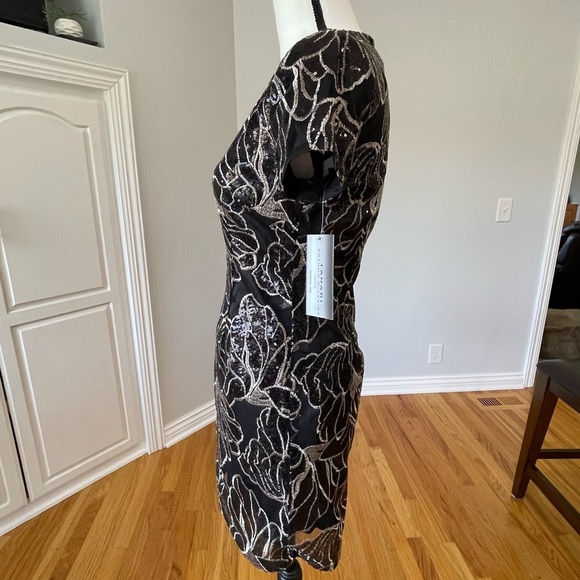 Tahari new with tags black and gold sequin sheath dress lined NWT size 2P formal - Picture 5 of 17